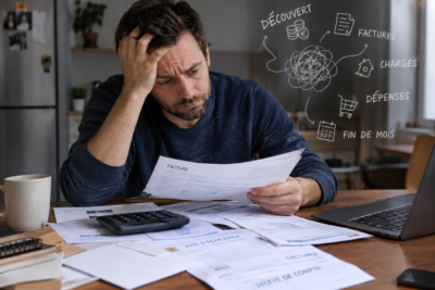 Homme pr&eacute;occup&eacute; par ses finances personnelles, confront&eacute; au stress budg&eacute;taire, aux factures impay&eacute;es et au d&eacute;couvert bancaire.